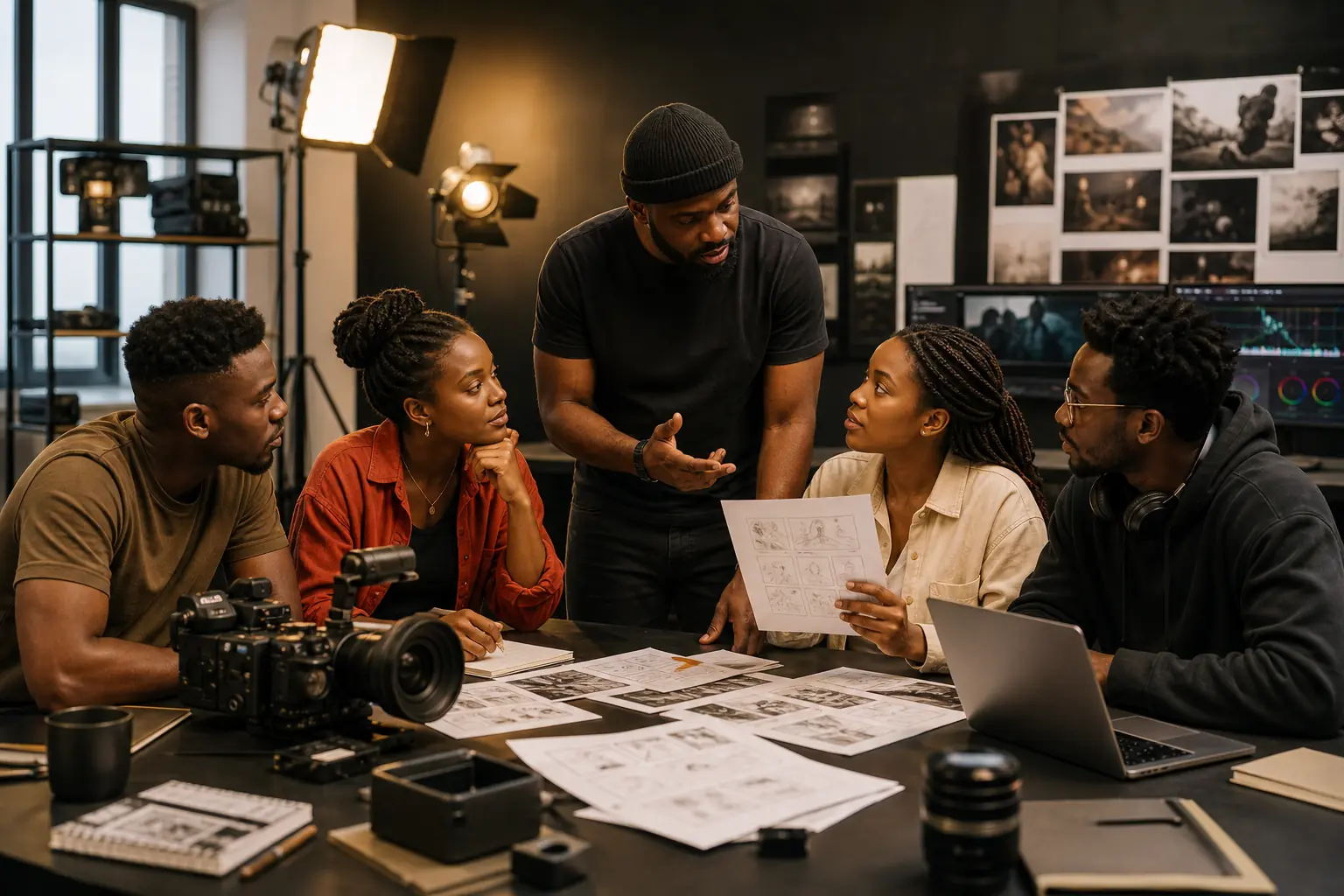 Students and filmmakers planning a production in a studio